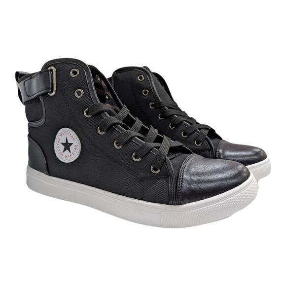 Max Star Men's Black Lace Up High Tops Faux Leather Straps Plaid Size 46, NWOT - Picture 1 of 14